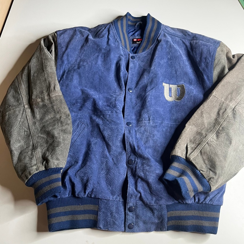 Wilson Suede Varsity Jacket Mens Medium Blue Grey Snap Front Quilted Lining